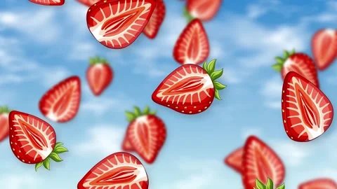 Fresh Sliced Strawberries Falling Through a Bright Blue Sky with Clouds Stock Footage 346206774