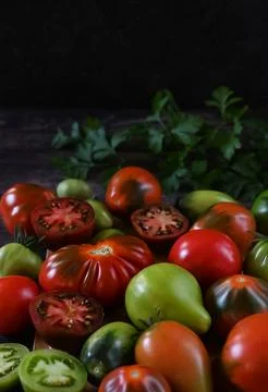 Fresh sliced tomatoes on black background, copy space Stock Photos
