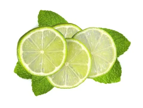 Fresh slices lime with leaf mint isolated on white Stock Photos