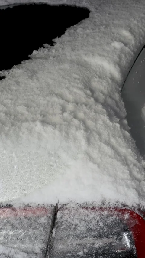 Fresh Snow Covering Car Surface With Detailed Icy Texture Close Up Stock Footage 329980993