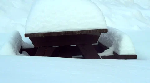 Fresh Snow on Picnic Table Stock Footage 33269213