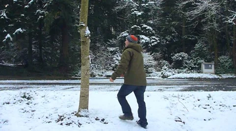 Fresh Snowfall with Man Shaking Tree Stock Footage 8777590