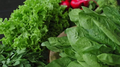 Fresh spinach leaves rotate on display with lettuce, parsley and radish. 4k Stock Footage 340323858