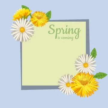 Fresh spring background with grass, dandelions and daisies. Vector, poster Stock Illustration