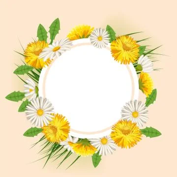 Fresh spring background with grass, dandelions and daisies. Vector, poster Illustrazione stock