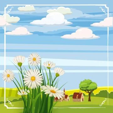 Fresh spring background with grass, dandelions and daisies. Vector, poster Stock Illustration