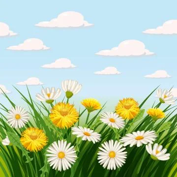 Fresh spring background with grass, dandelions and daisies. , poster, template Stock Illustration