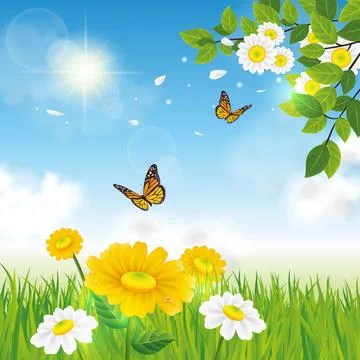 Fresh spring background with grass, dandelions and daisies Stock Illustration