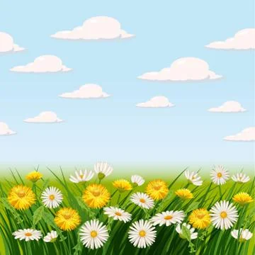 Fresh spring background with grass, flowers dandelions and daisies, template Illustrazione stock