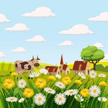 Fresh spring landscape, farm, cows, fields, meadows, daisies and dandelions Illustrazione stock