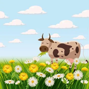 Fresh spring landscape, farm, cows, fields, meadows, daisies and dandelions Illustrazione stock