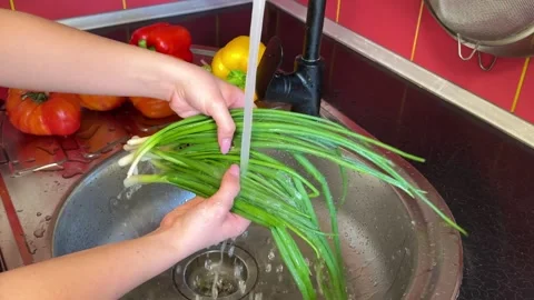Fresh spring onions soaking under kitchen faucet with cozy homemade vegetable Stock Footage 345741743