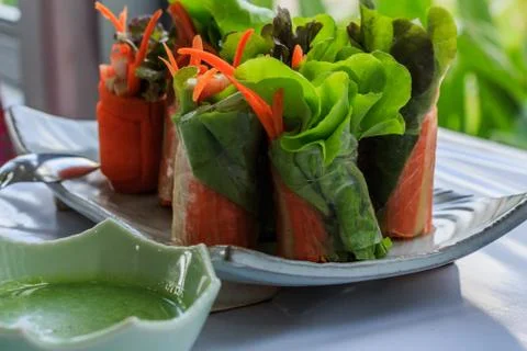 Fresh spring rolls with fresh vegetable served with  salad cream dipping sauc Stock Photos