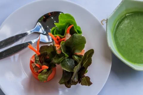Fresh spring rolls with fresh vegetable served with  salad cream dipping sauc Stock Photos