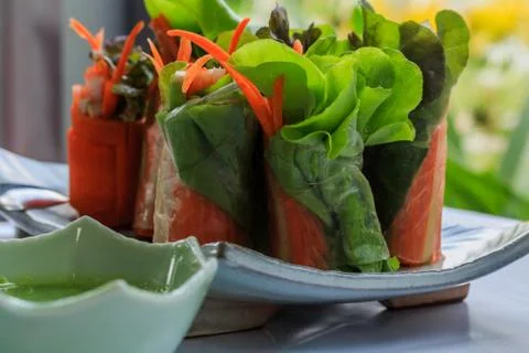 Fresh spring rolls with fresh vegetable served with  salad cream dipping sauc Stock Photos