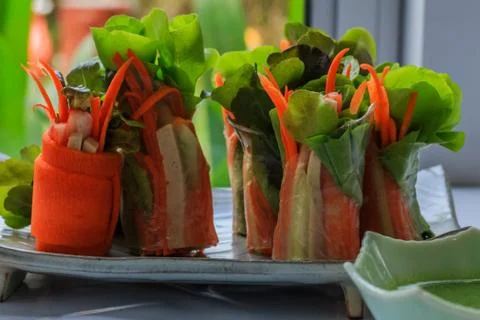 Fresh spring rolls with fresh vegetable served with  salad cream dipping sauc Stock Photos