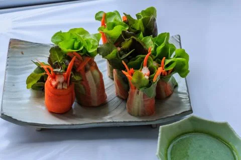 Fresh spring rolls with fresh vegetable served with  salad cream dipping sauc Stock Photos