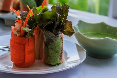 Fresh spring rolls with fresh vegetable served with  salad cream dipping sauc Stock Photos