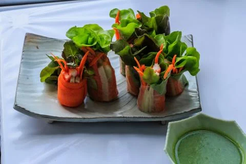 Fresh spring rolls with fresh vegetable served with  salad cream dipping sauc Stock Photos