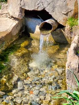 Fresh spring water continuously flows in the forest from a pipe in the open air. Stock Photos