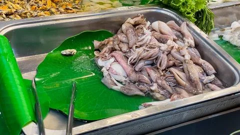 Fresh squid on ice in the fish section of an Asian seafood market Fotos de archivo