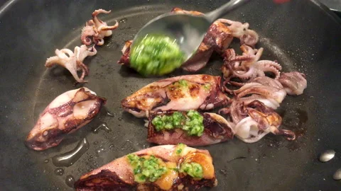 Fresh squid preparing on the grill Stock Footage 142160192