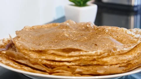 Fresh Stack Of Thin Homemade Crepes Stock Footage 328252489