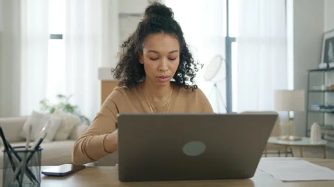 Fresh start of new work day beginning concept, Young woman opening laptop 4K Video stock 262382023