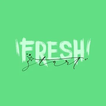 Fresh start words on green square background. Vector hand drawn typography .. Stock Illustration