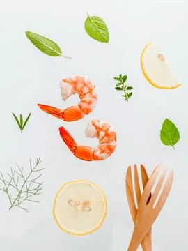 Fresh steamed shrimp isolate on white background. Boiled prawns with ingred.. Stock Photos