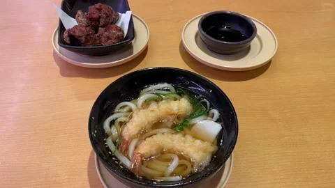 Fresh steaming udon with side dishes at the restaurant in Tokyo Stock Footage 259874752