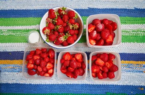Fresh strawberries in plastic boxes Stock Photos