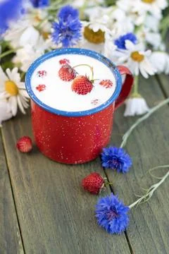 Fresh Strawberry with cold milk in red mug on wild flowers background,childhood Stock Photos
