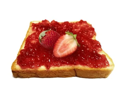 Fresh strawberry on slice of bread with strawberry jam isolated on white Stock Photos