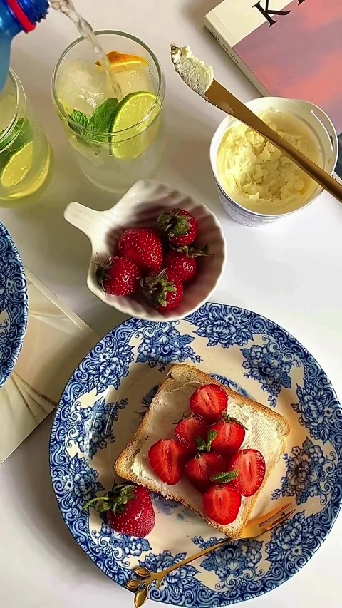 Fresh Strawberry Toast Breakfast with Refreshing Lime Drink Video stock 344615319