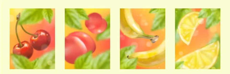 Fresh summer fruit background set, blurred texture Stock Illustration