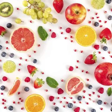 Fresh summer fruit design, a square flatlay on a white background with a place 스톡 사진