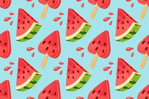 Fresh summer fruit repeat texture, watermelon ice cream vector background Illustrazione stock