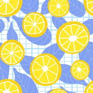 Fresh summer pattern with lemon slices and blue leaves on checkered background Stock Illustration