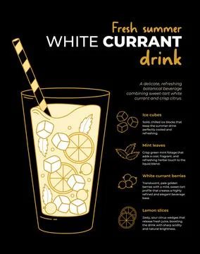 Fresh Summer White Currant Drink Recipe Infographic Poster. Line Glass Of C.. Illustrazione stock