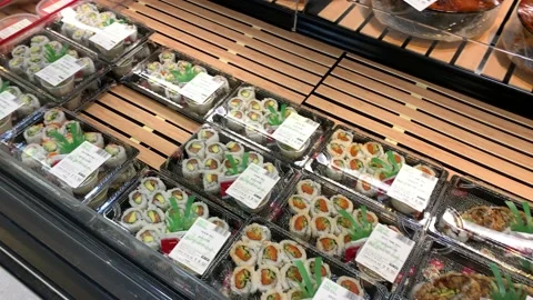 Fresh Sushi Inside Plastic Box Korean Supermarket Stock Footage 130221766
