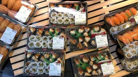 Fresh Sushi Packed In Plastic Container Korean Supermarket Video stock 130221772