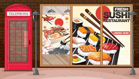 Fresh Sushi Restaurant Storefront with Red Telephone Booth and Street Lamps Stock Illustration