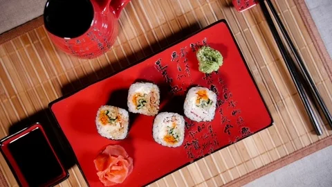 Fresh Sushi Rolls On The Plate 스톡 동영상 70000726