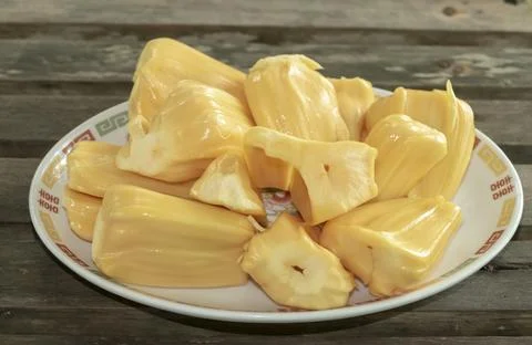 Fresh sweet jackfruit segment on dish Stock Photos
