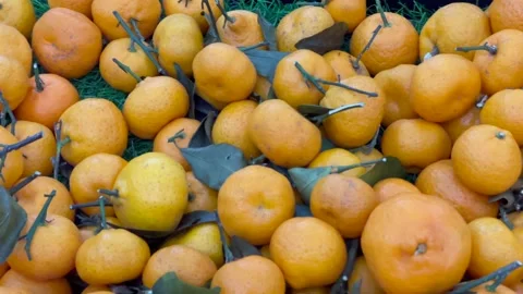 Fresh sweet mandarin oranges piled on a display at a traditional market. Stock Footage 325449948