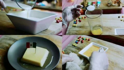 Fresh tabletop study of recipe stages shown beside the plated dessert Stock Photos