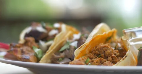 Fresh Taco Dinner with Salsa and Chips at Outdoor Mexican Restaurant Stock Footage 113661787