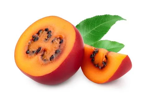 Fresh tamarillo fruit half with leaf isolated on white background Stock Photos