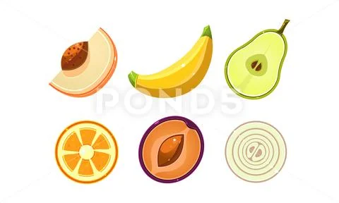 Fresh tasty organic fruits and vegetables set, peach, orange, plum, onion Stock Illustration